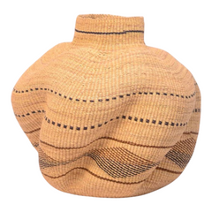 Handwoven pot basket made from natural elephant grass with round base and narrow top, crafted in Ghana.”