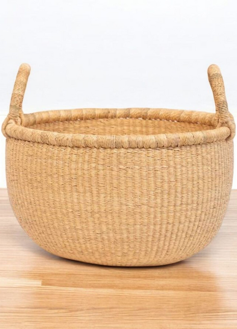 Natural Handwoven Bolga Basket – Round Storage Basket with Handles