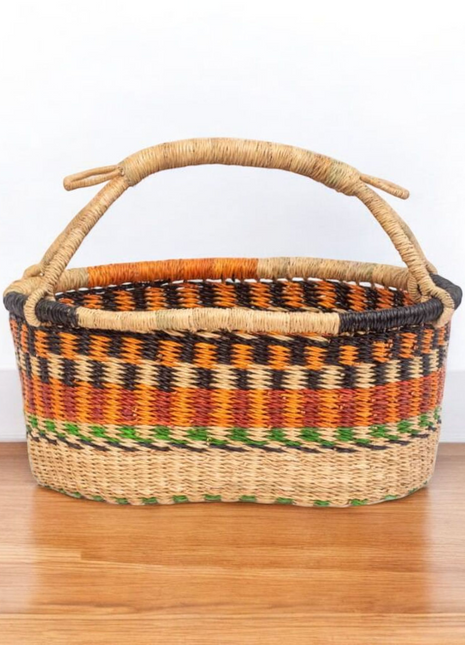 Handwoven Multicolor Bolga Basket – Oval Fruit or Bread Basket