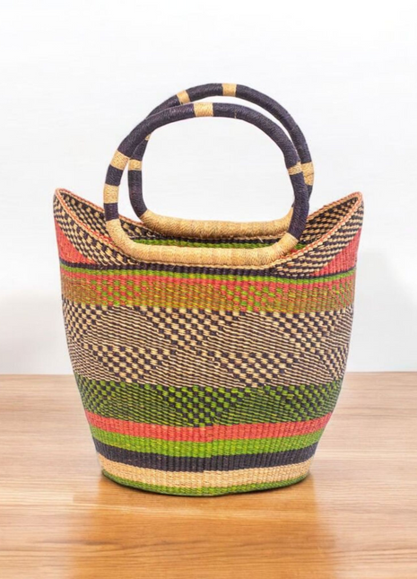 Striped Bolga Market Basket – Handwoven African Tote from Ghana