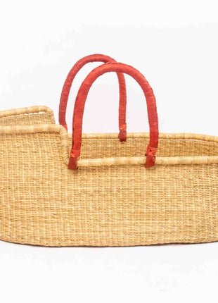 Handwoven Moses Basket with Red Leather Handles – Natural Baby Bassinet