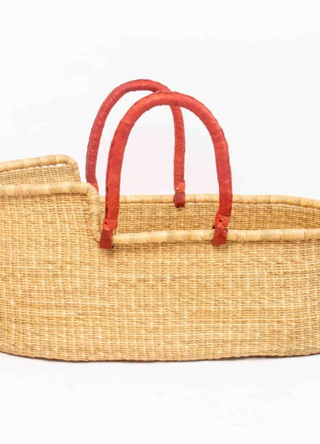 Handwoven Moses Basket with Red Leather Handles – Natural Baby Bassinet