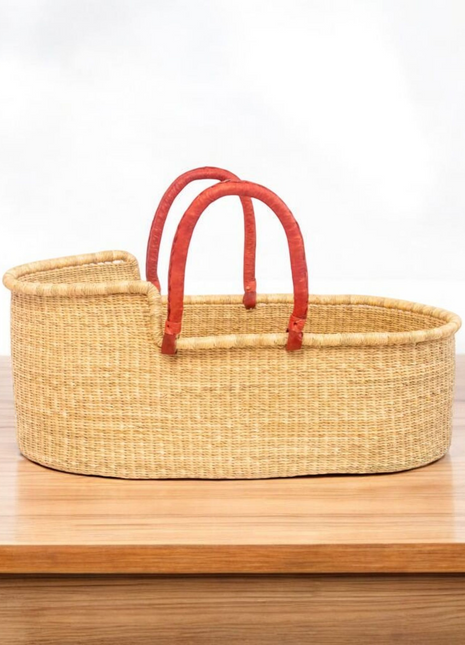 Handwoven Moses Basket with Red Leather Handles – Natural Baby Bassinet