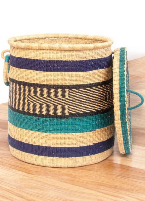 Multicolor Lidded Basket – Handwoven African Storage Hamper with Handles