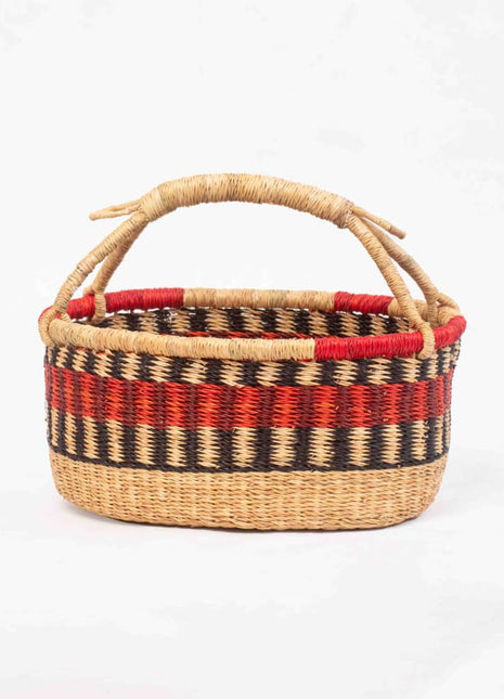 Red & Black Handwoven Bolga Basket – Oval Bread or Fruit Basket