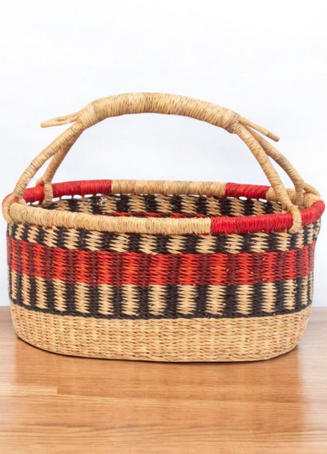 Red & Black Handwoven Bolga Basket – Oval Bread or Fruit Basket