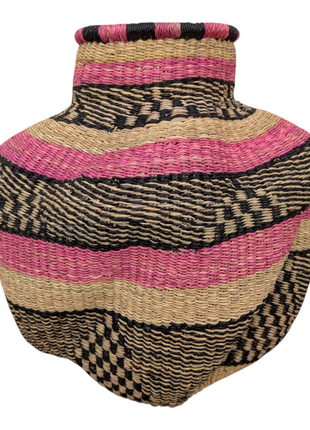 Pink & Black Woven Pot Basket – Handcrafted African Decorative Flower Vase Basket
