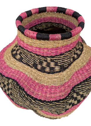 Pink & Black Woven Pot Basket – Handcrafted African Decorative Flower Vase Basket