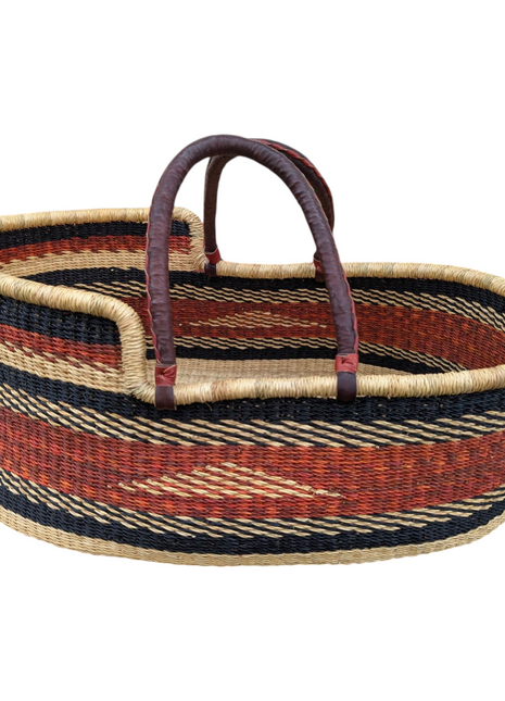 Handwoven Moses Basket – African Baby Bassinet with Leather Handles (12x18x30 in)