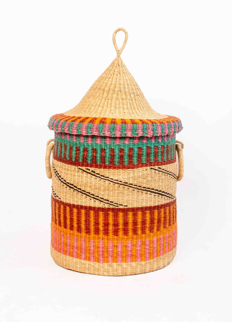 African Laundry Basket with Lid – Handwoven Bolga Hamper
