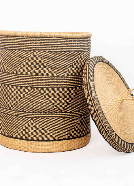 Black & Natural African Laundry Basket with Lid – Handmade Hamper