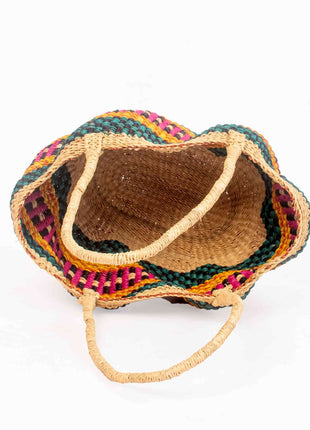 Pink & Teal Bolga Basket – Long Handle Handwoven African Tote