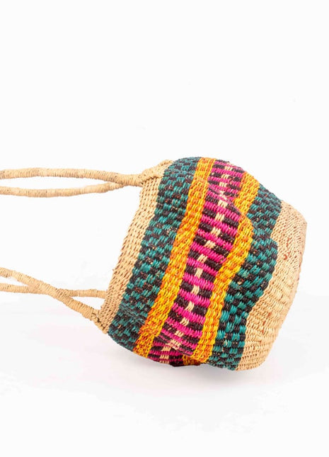 Pink & Teal Bolga Basket – Long Handle Handwoven African Tote