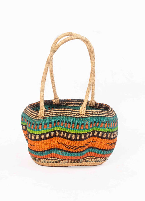 Wave Pattern Bolga Basket – Long Handle Handwoven African Tote