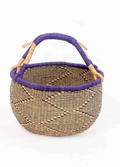 Purple Handwoven Market Basket – Round Bolga Shopping or Storage Tote