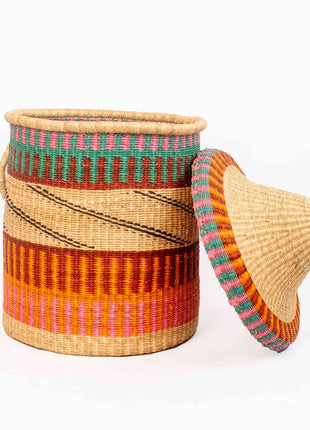 African Laundry Basket with Lid – Handwoven Bolga Hamper