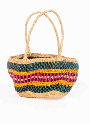Pink & Teal Bolga Basket – Long Handle Handwoven African Tote