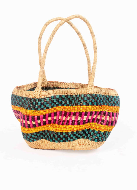 Pink & Teal Bolga Basket – Long Handle Handwoven African Tote
